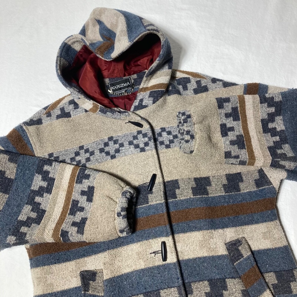 Vintage Hooded Karizma Southwest Aztec‎ Wool Blend Blanket Coat Women's size 12